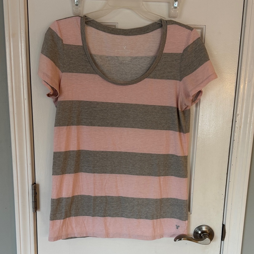 American Eagle Outfitters Pink and Gray Striped Tee